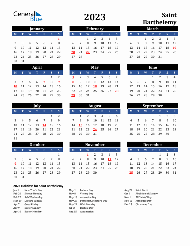 2023 Saint Barthelemy Holiday Calendar