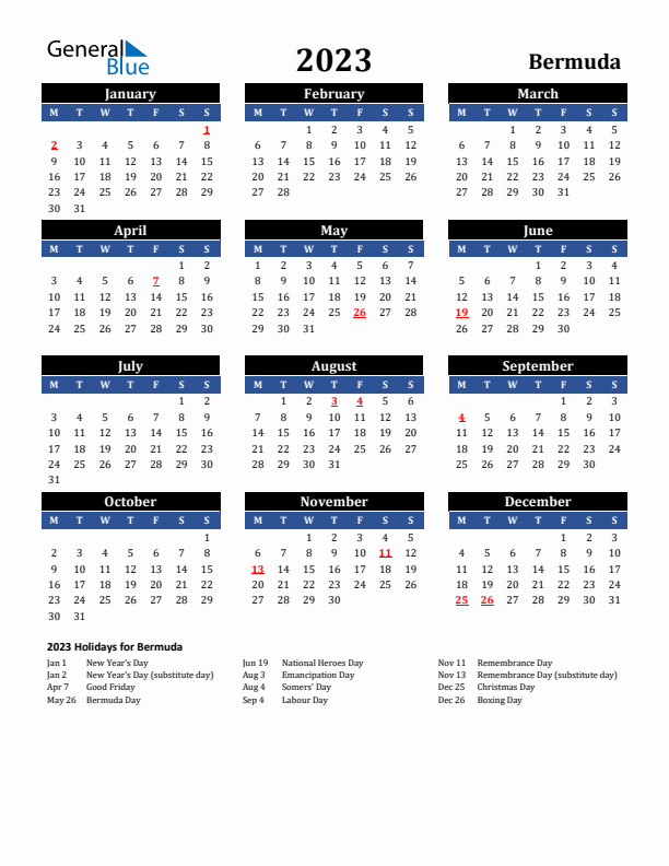 2023 Bermuda Holiday Calendar