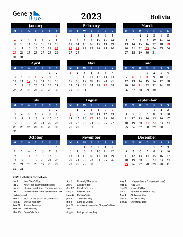 2023 Bolivia Holiday Calendar