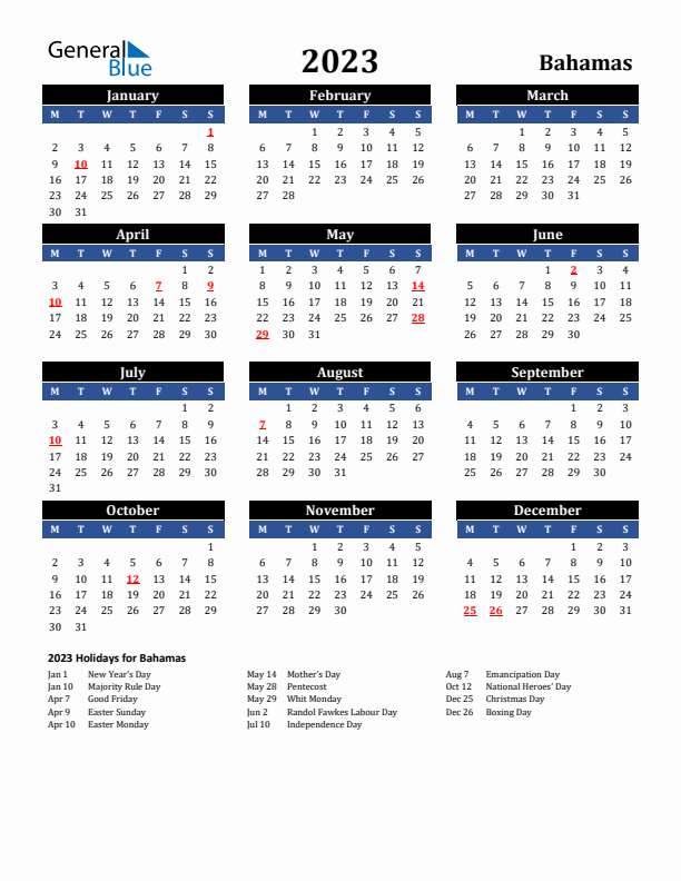 2023 Bahamas Holiday Calendar