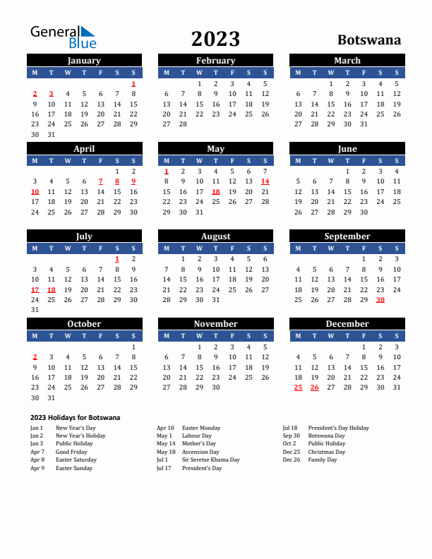 2023 Botswana Holiday Calendar