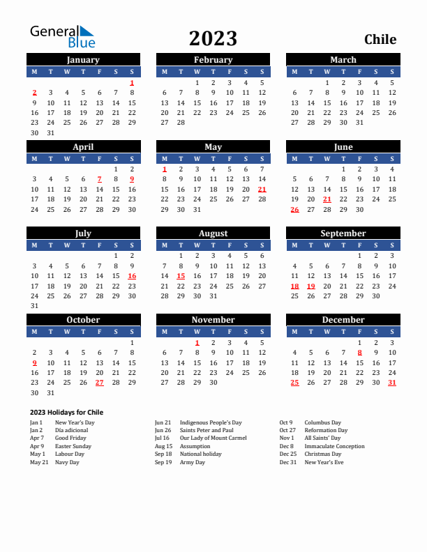 2023 Chile Holiday Calendar