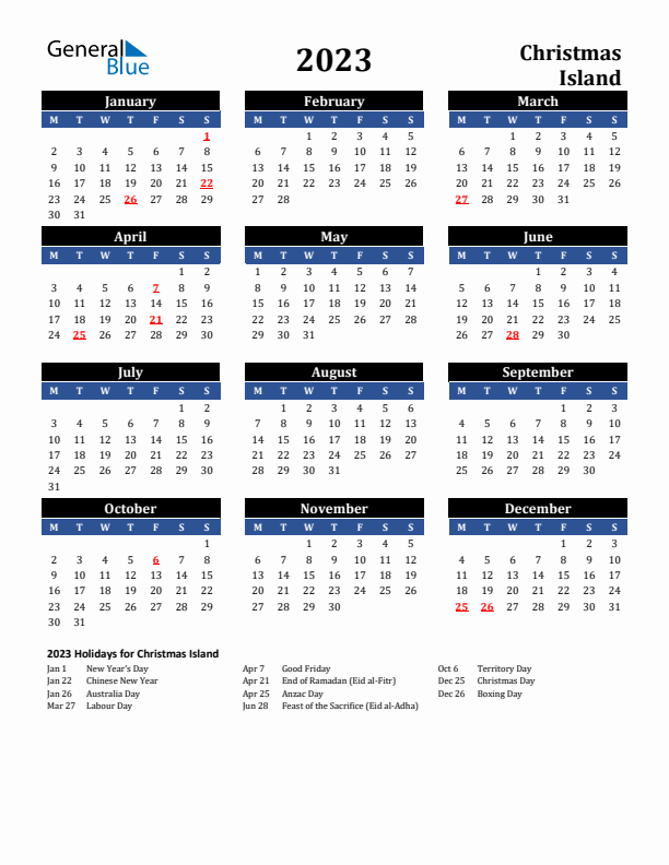 2023 Christmas Island Holiday Calendar