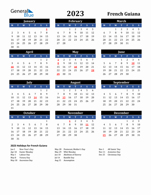 2023 French Guiana Holiday Calendar