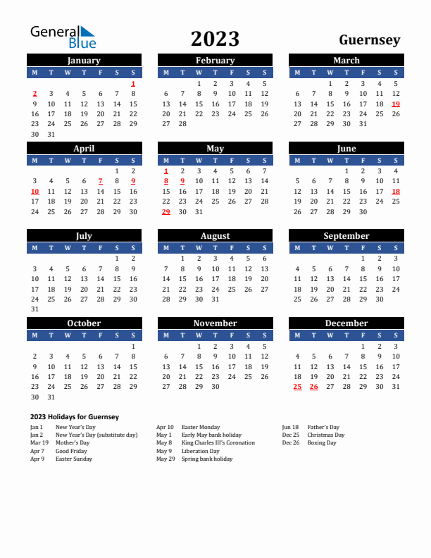 2023 Guernsey Holiday Calendar