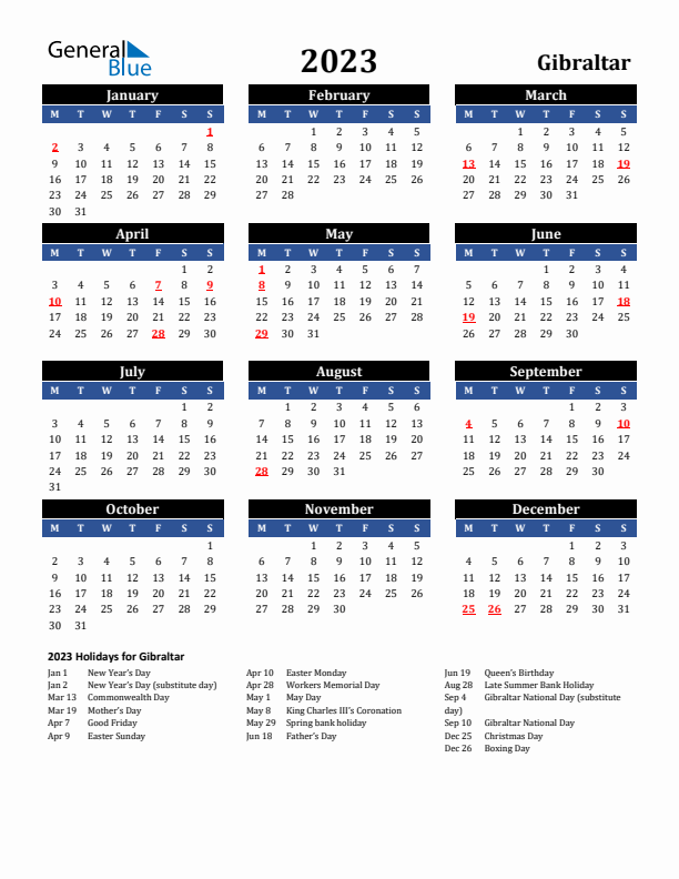 2023 Gibraltar Holiday Calendar