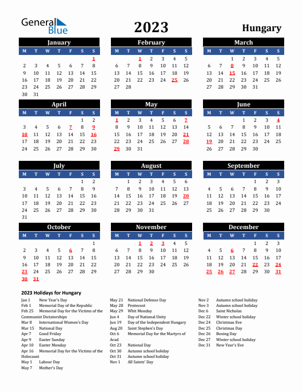 2023 Hungary Holiday Calendar