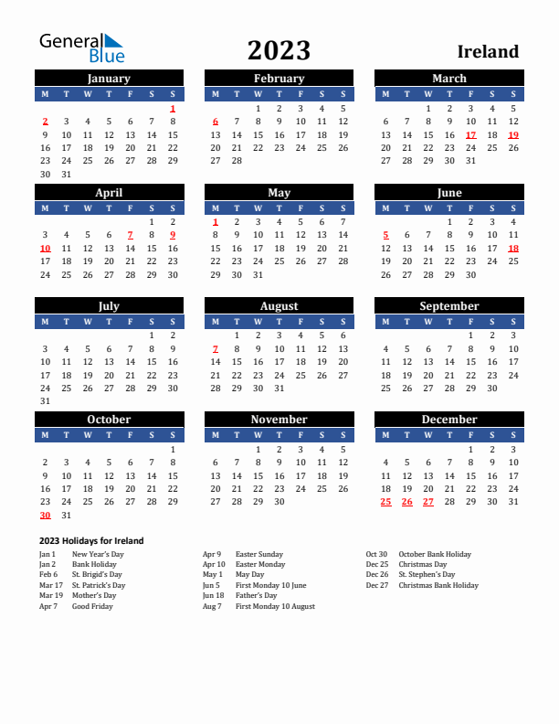 2023 Ireland Holiday Calendar