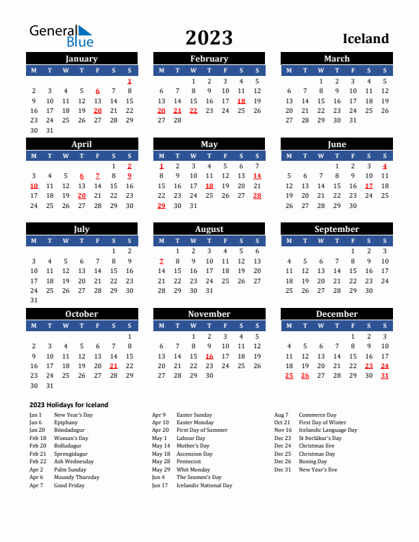 2023 Iceland Holiday Calendar