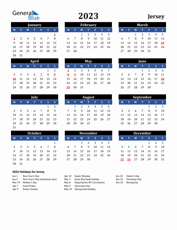 2023 Jersey Holiday Calendar