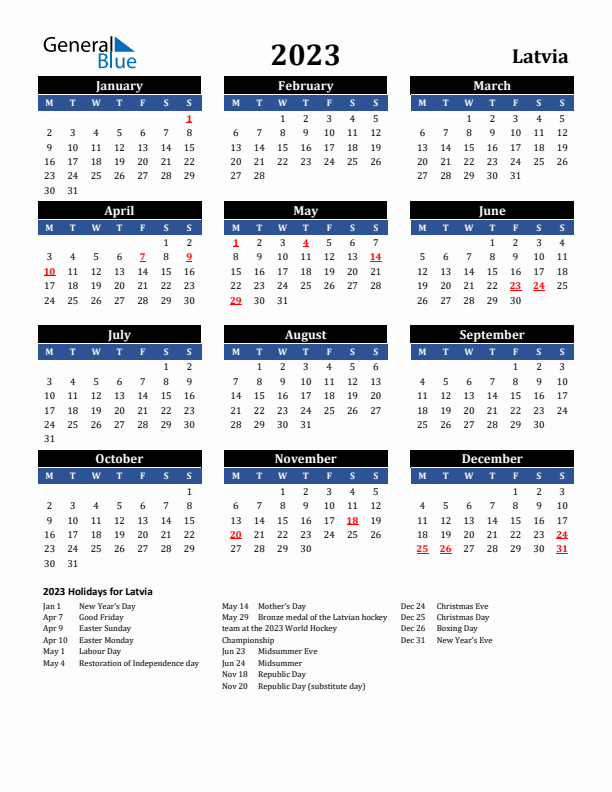 2023 Latvia Holiday Calendar