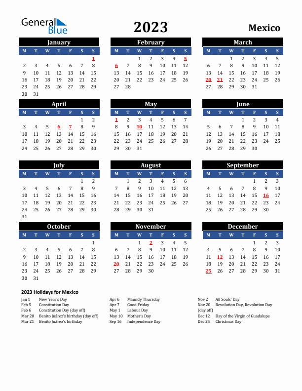 2023 Mexico Holiday Calendar