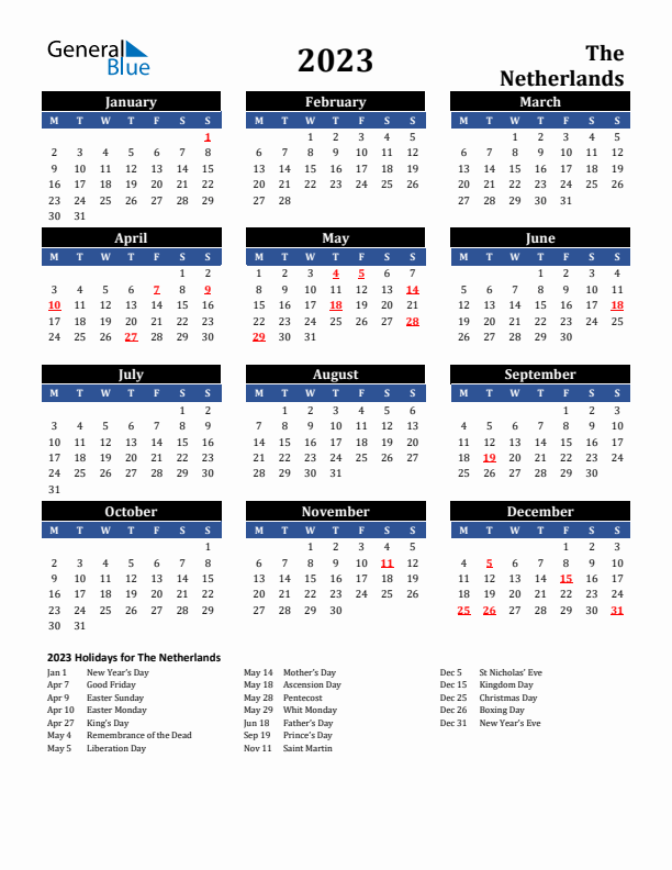 2023 The Netherlands Holiday Calendar