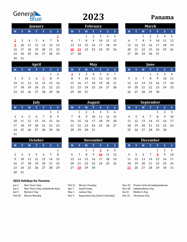 2023 Panama Holiday Calendar