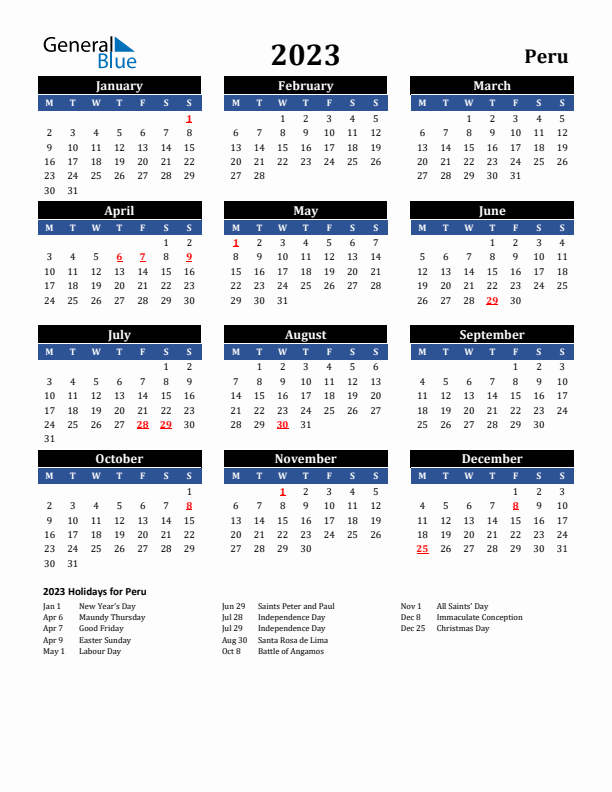 2023 Peru Holiday Calendar