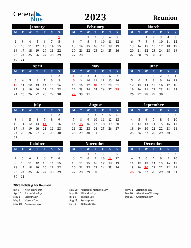 2023 Reunion Holiday Calendar