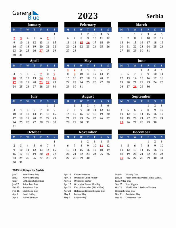 2023 Serbia Holiday Calendar