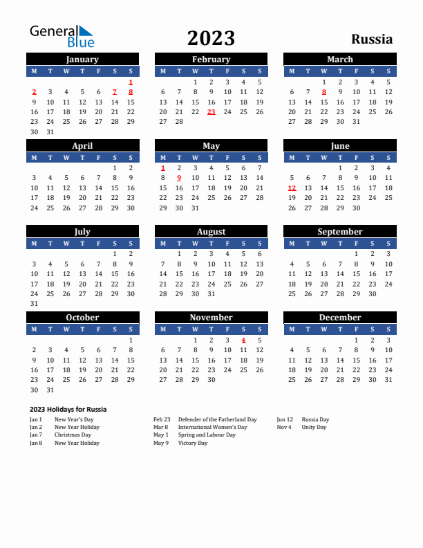 2023 Russia Holiday Calendar