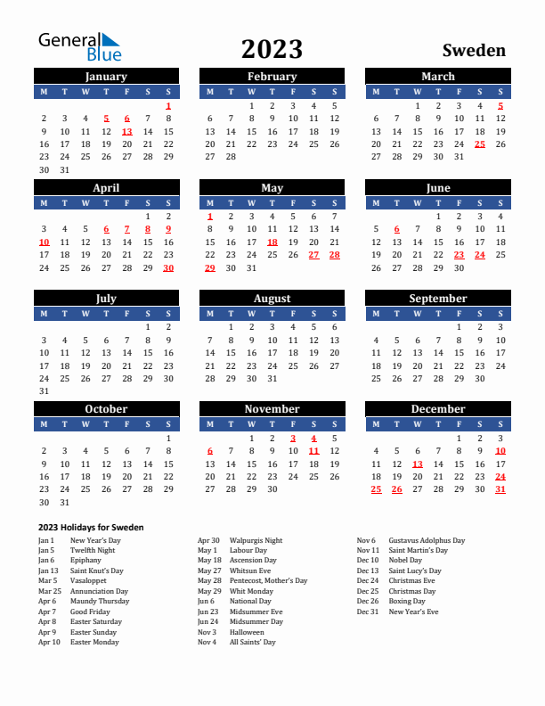 2023 Sweden Holiday Calendar