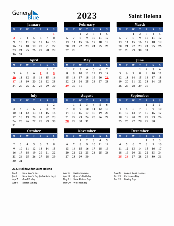 2023 Saint Helena Holiday Calendar