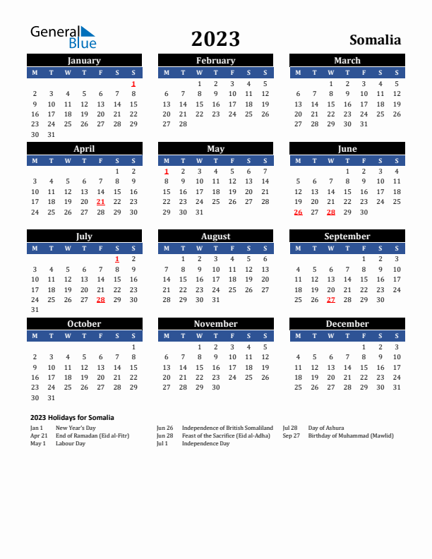 2023 Somalia Holiday Calendar