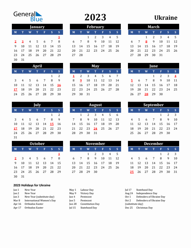 2023 Ukraine Holiday Calendar