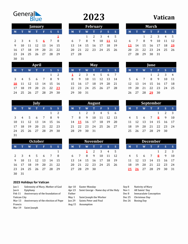 2023 Vatican Holiday Calendar