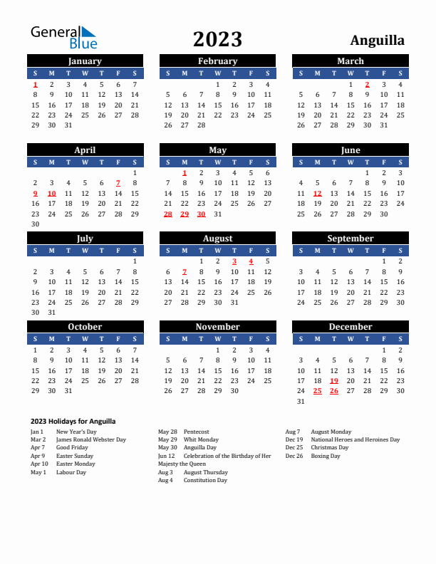 2023 Anguilla Holiday Calendar