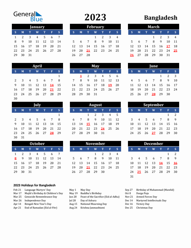 2023 Bangladesh Holiday Calendar