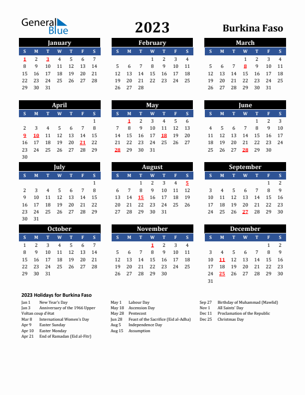 2023 Burkina Faso Holiday Calendar