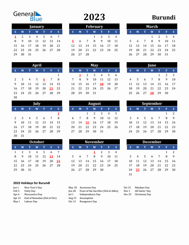 2023 Burundi Holiday Calendar