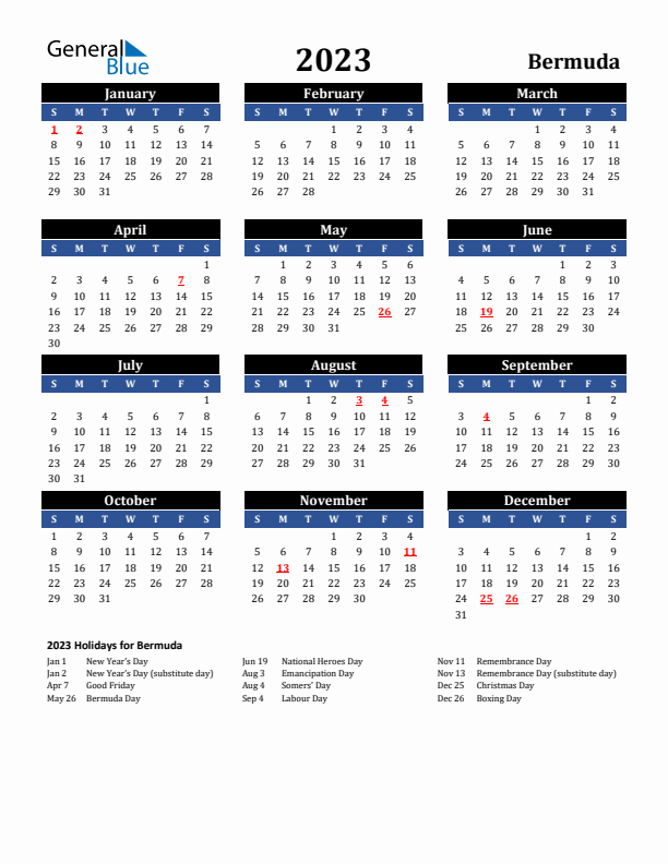 2023 Bermuda Holiday Calendar