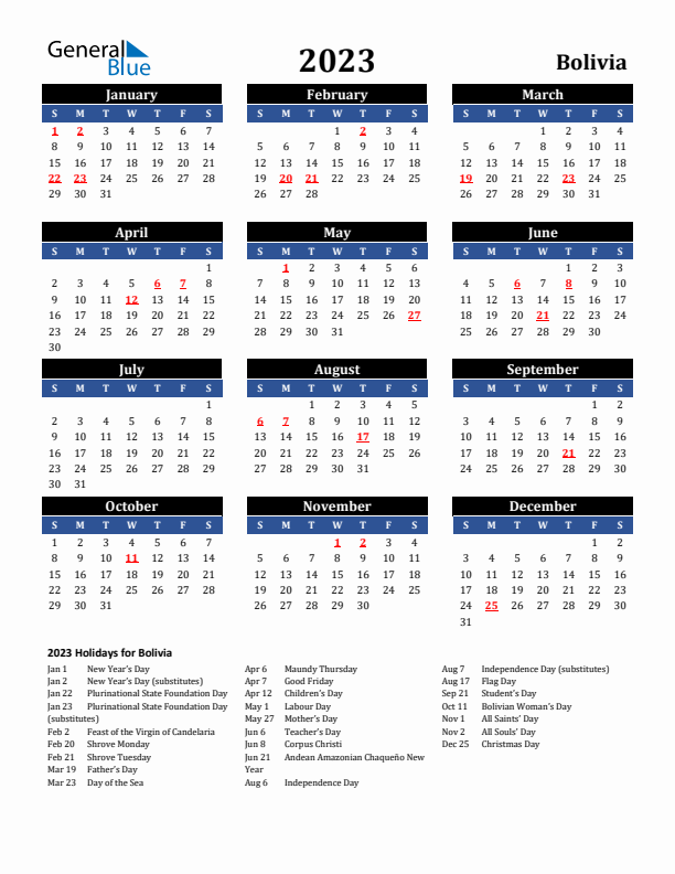 2023 Bolivia Holiday Calendar