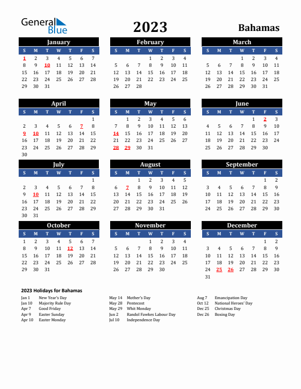 2023 Bahamas Holiday Calendar