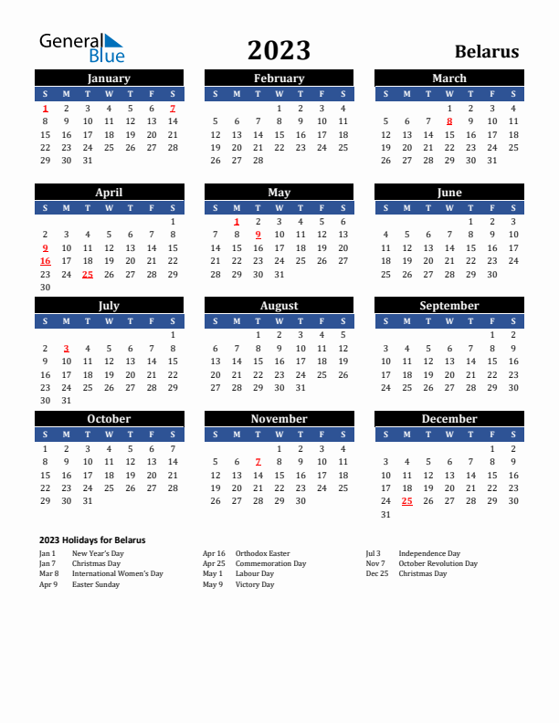 2023 Belarus Holiday Calendar