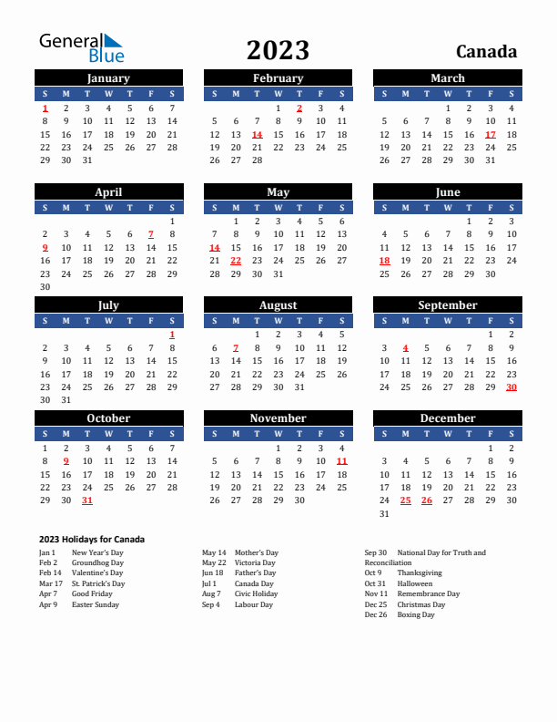 2023 Canada Holiday Calendar