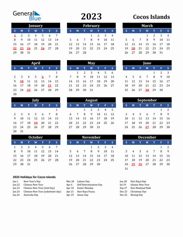 2023 Cocos Islands Holiday Calendar