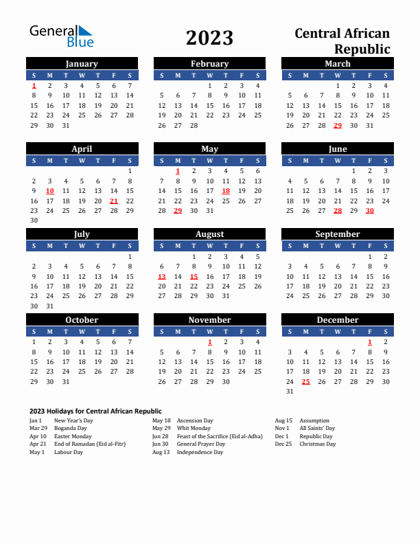 2023 Central African Republic Holiday Calendar