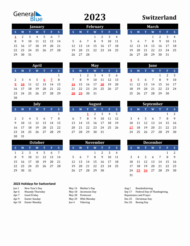 2023 Switzerland Holiday Calendar