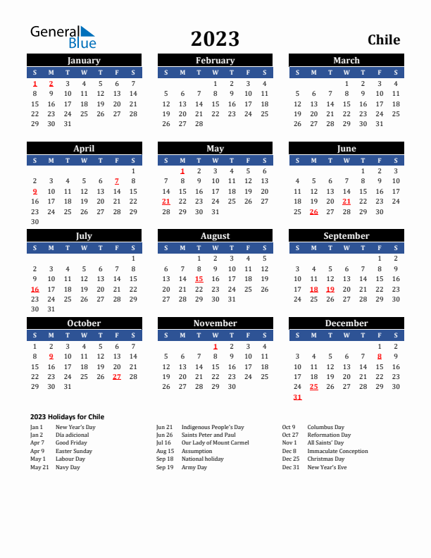 2023 Chile Holiday Calendar