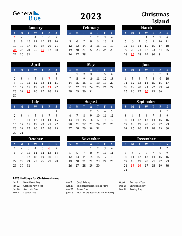 2023 Christmas Island Holiday Calendar