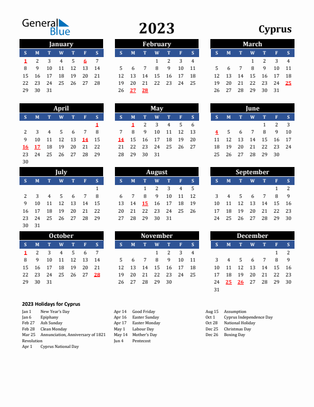 2023 Cyprus Holiday Calendar