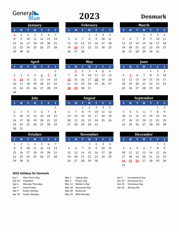 2023 Denmark Holiday Calendar