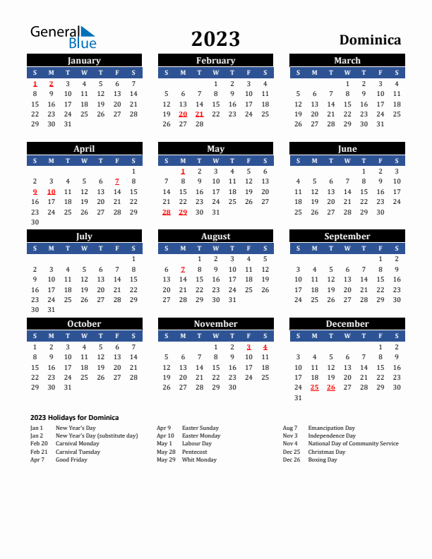 2023 Dominica Holiday Calendar