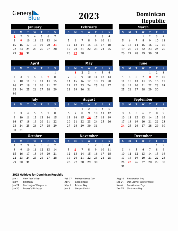 2023 Dominican Republic Holiday Calendar