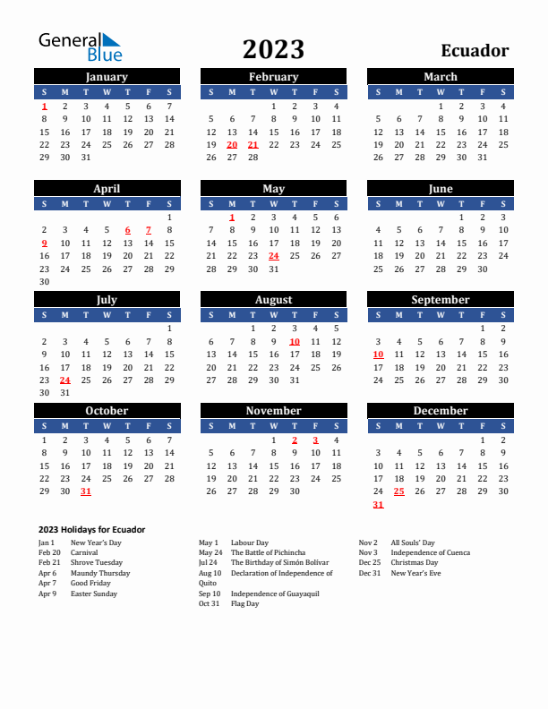 2023 Ecuador Holiday Calendar