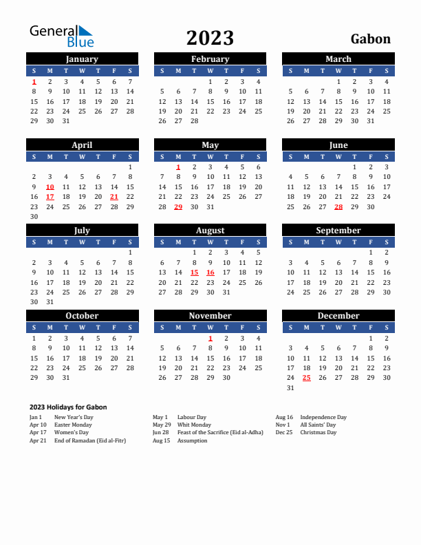 2023 Gabon Holiday Calendar