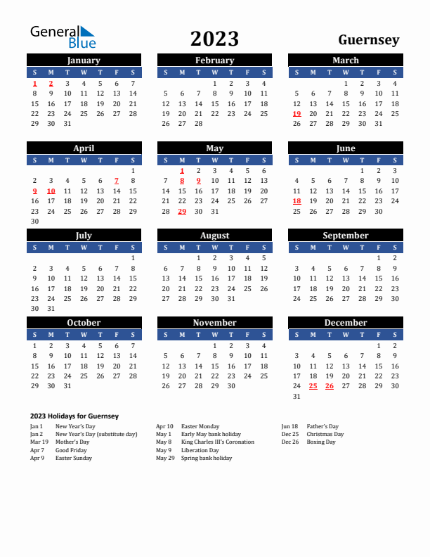 2023 Guernsey Holiday Calendar