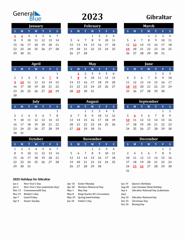 2023 Gibraltar Holiday Calendar