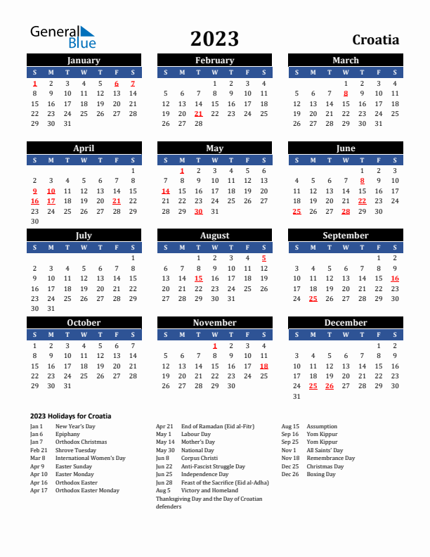 2023 Croatia Holiday Calendar